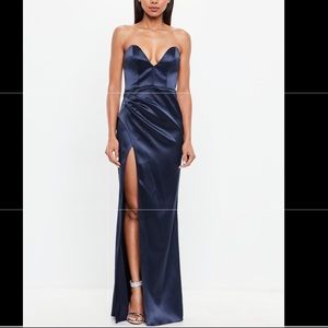 peace + love navy bonded satin maxi dress